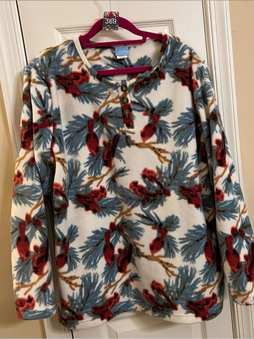 Cozy Fleece Henley Sweater - Red Cardinal Print